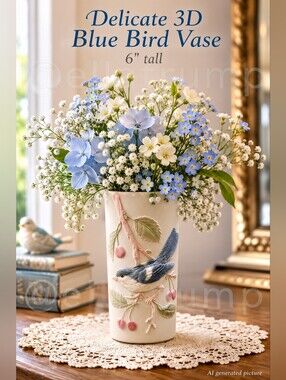 Beautiful Delicate 3D Blue Bird on 6" tall Vase